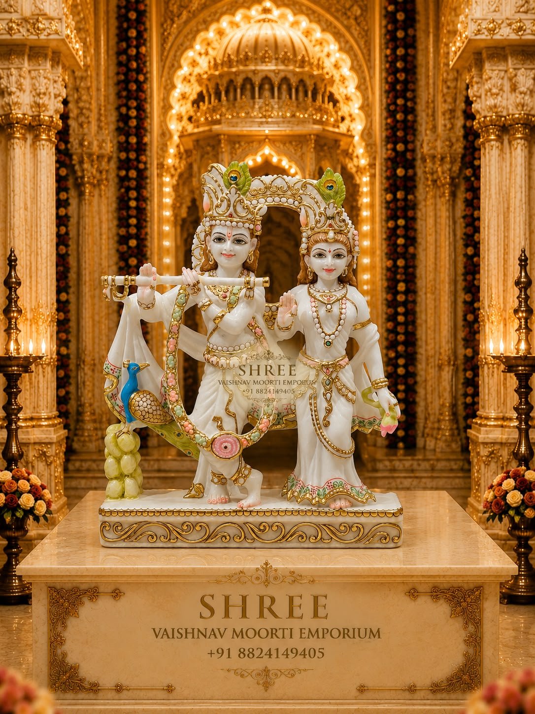 Premium White Marble Radha Krishna Murti Set | Luxury Handcrafted Marble Radha Krishna Idol for Home & Temple