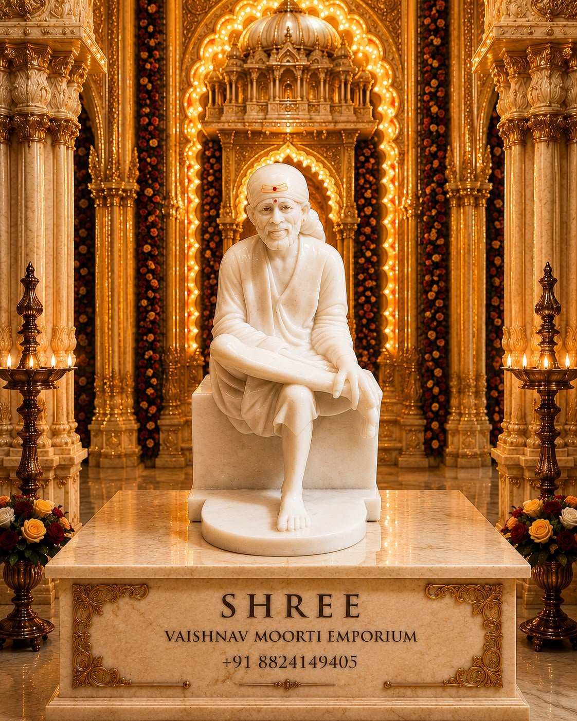 Premium White Marble Shirdi Sai Baba Murti | Handcrafted Marble Sai Baba Idol for Home & Temple
