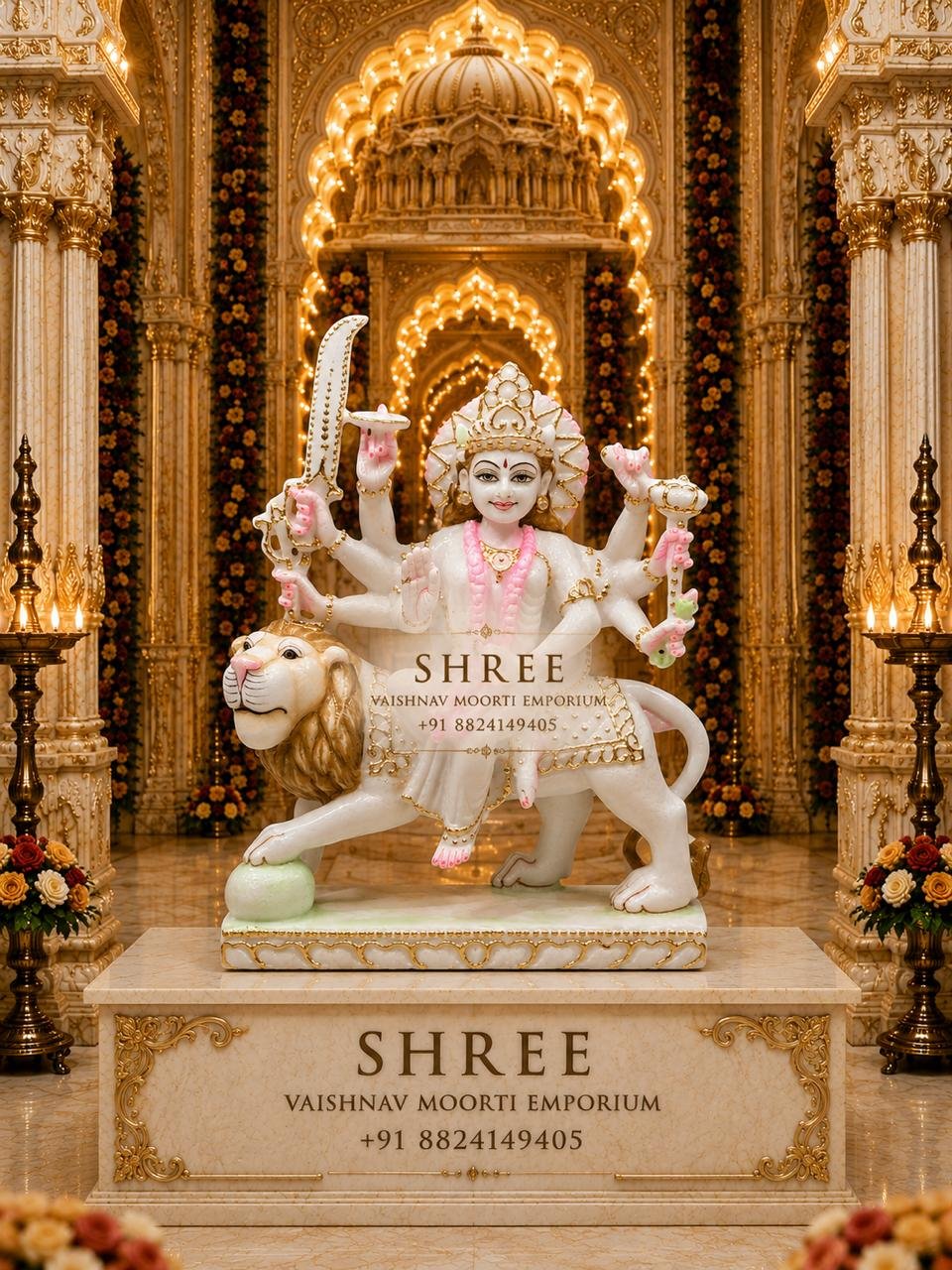 Premium White Marble Maa Durga Murti | Handcrafted Marble Durga Mata Idol with Lion for Home & Temple