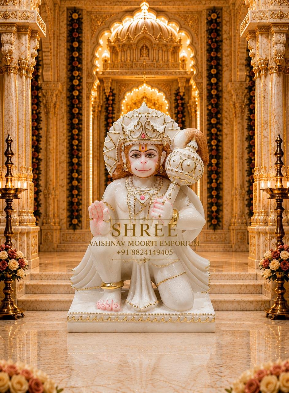 Premium White Marble Hanuman Ji Murti | Handcrafted Marble Bajrangbali Idol for Home & Temple