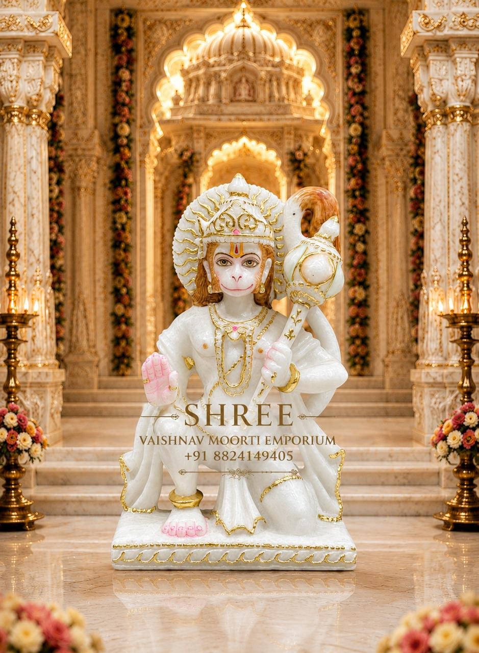 Premium White Marble Hanuman Ji Murti | Handcrafted Marble Bajrangbali Idol for Home & Temple