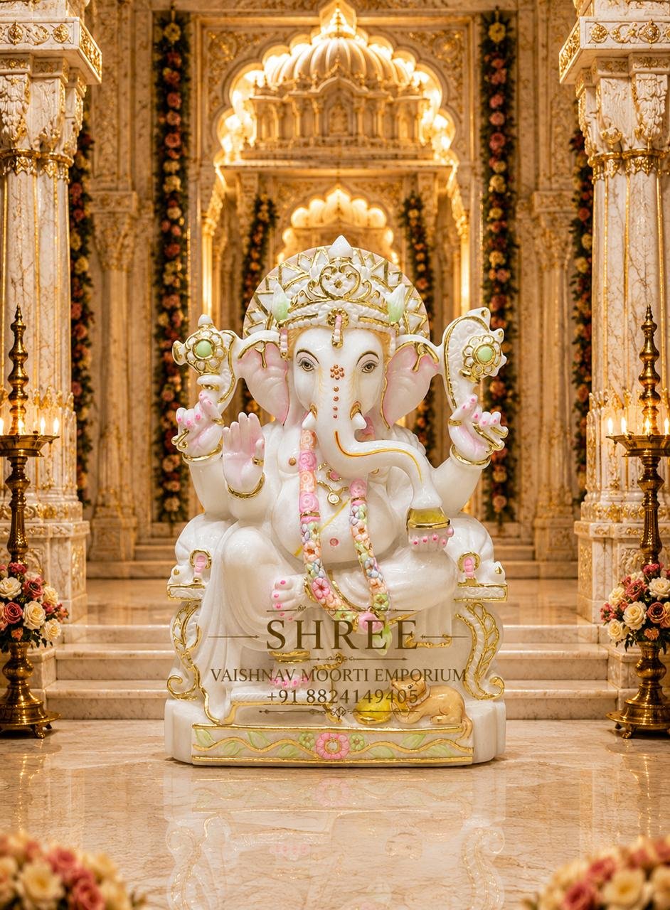 Luxury White Marble Lord Ganesha Murti | Premium Handcrafted Marble Ganpati Idol for Home & Temple