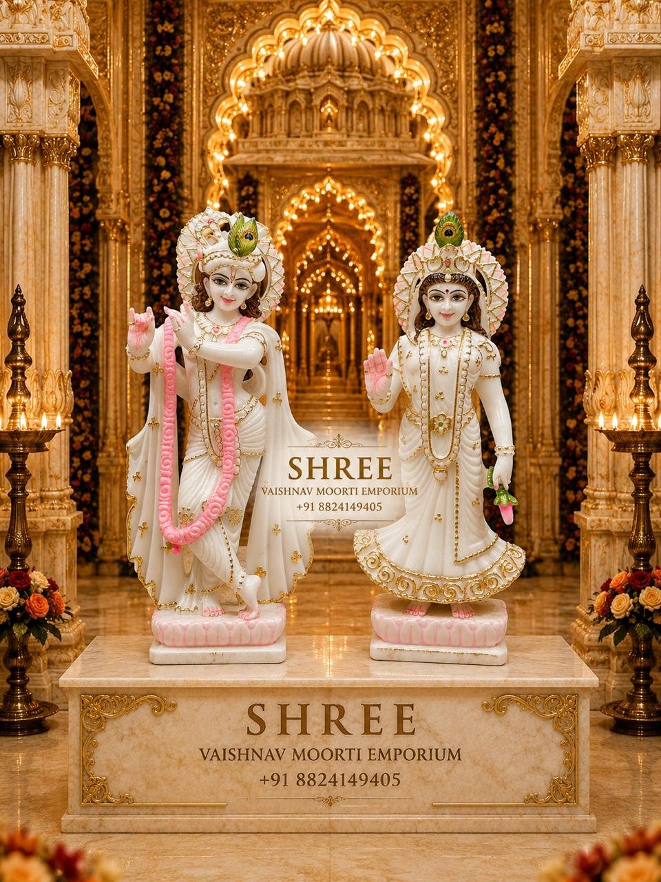Premium White Marble Radha Krishna Murti Set | Handcrafted Marble Radha Krishna Idol for Home & Temple