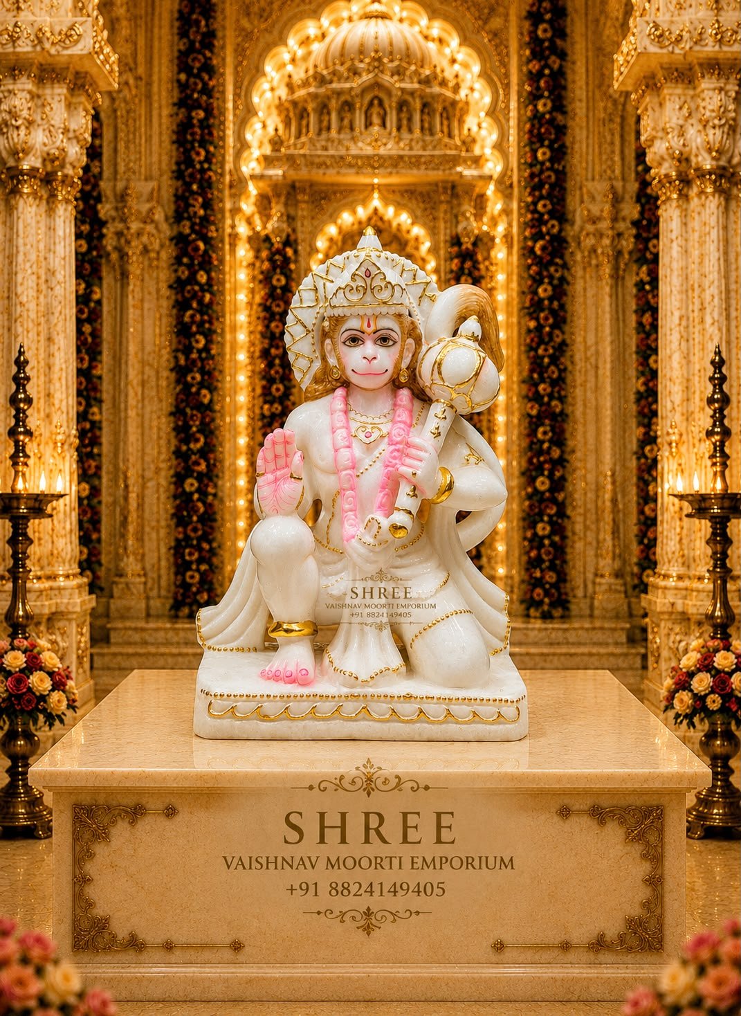 Premium White Marble Hanuman Ji Murti | Handcrafted Marble Bajrangbali Idol with Gada for Home & Temple
