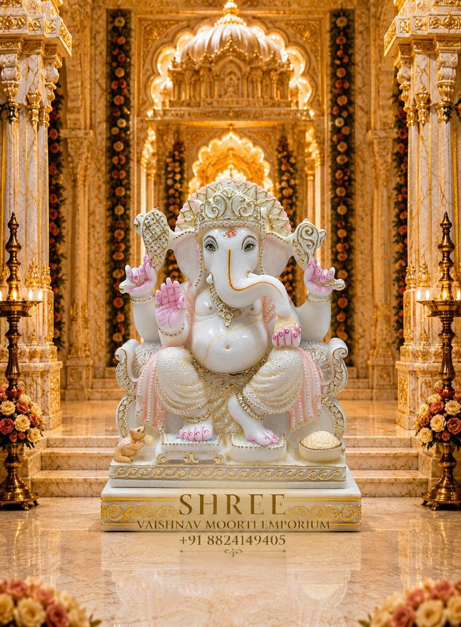 Premium White Marble Lord Ganesha Murti | Elegant Handcrafted Ganpati Marble Idol for Home & Temple
